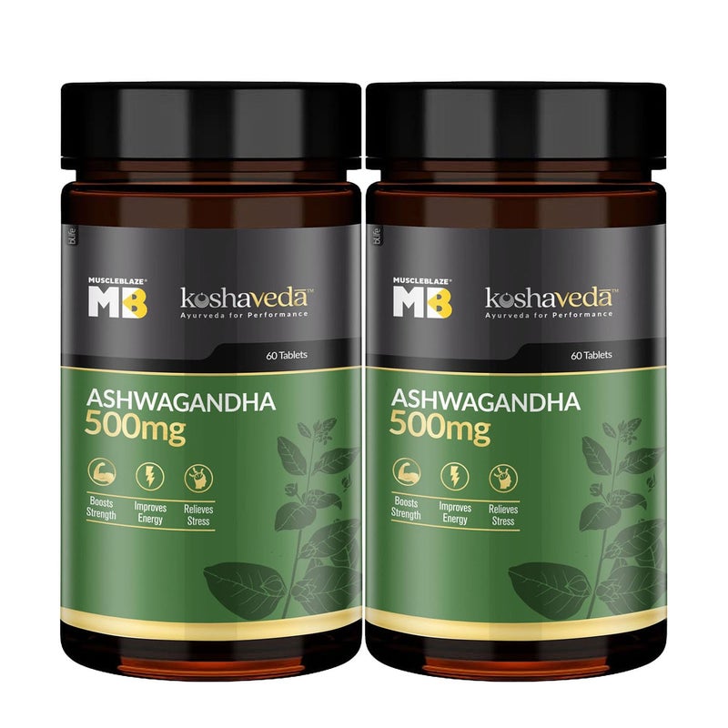 MuscleBlaze Koshaveda Ashwagandha 500mg, Ayurveda for Performance, Ayush Approved, High Strength Potent Formula, Boost Muscle Mass & Strength, Enhance Immunity, 60 Tablets Each (Pack of 2) - Image 1
